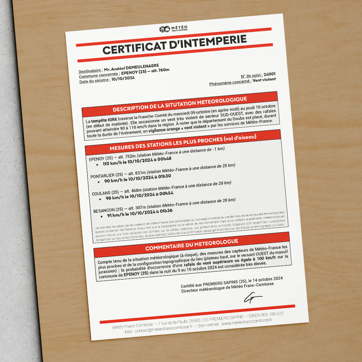 CERTIFICAT D'INTEMPÉRIE